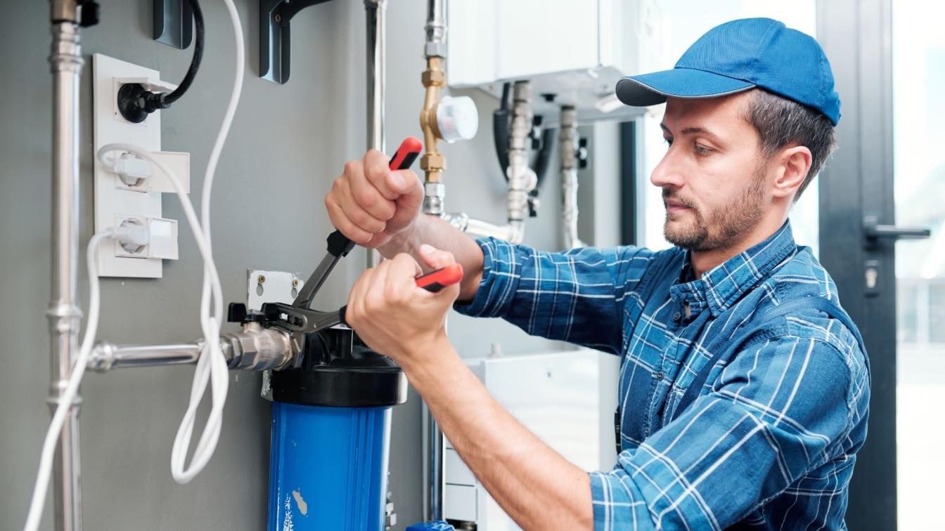 A plumber wearing a blue cap and shirt, using tools to work on plumbing fixtures near a water filter.