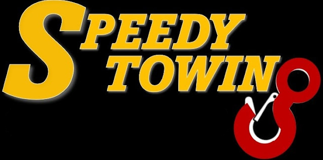 A logo for speedy towing with a red hook