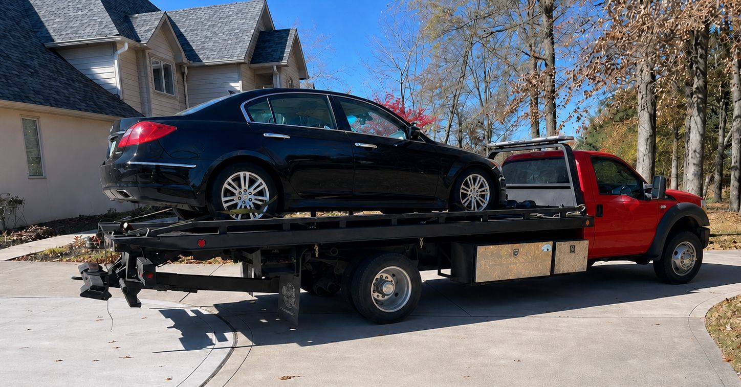 Black car loaded on a flatbed tow truck in a suburban driveway