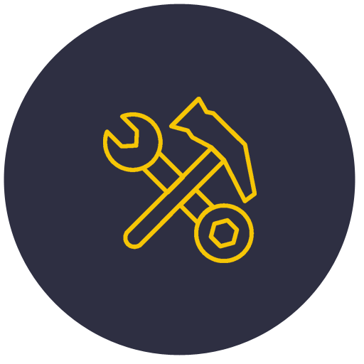 A wrench and hammer are crossed in a circle.