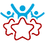 A group of people standing next to each other with their arms in the air surrounded by stars.