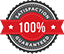 A 100 % satisfaction guaranteed stamp with a red ribbon.