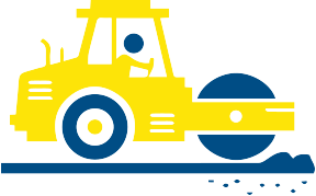 A yellow and blue tractor is driving down a road.
