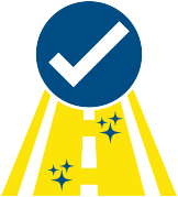 A blue sign with a check mark on top of a yellow road