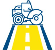 A blue and yellow tractor is sitting on top of a yellow road.