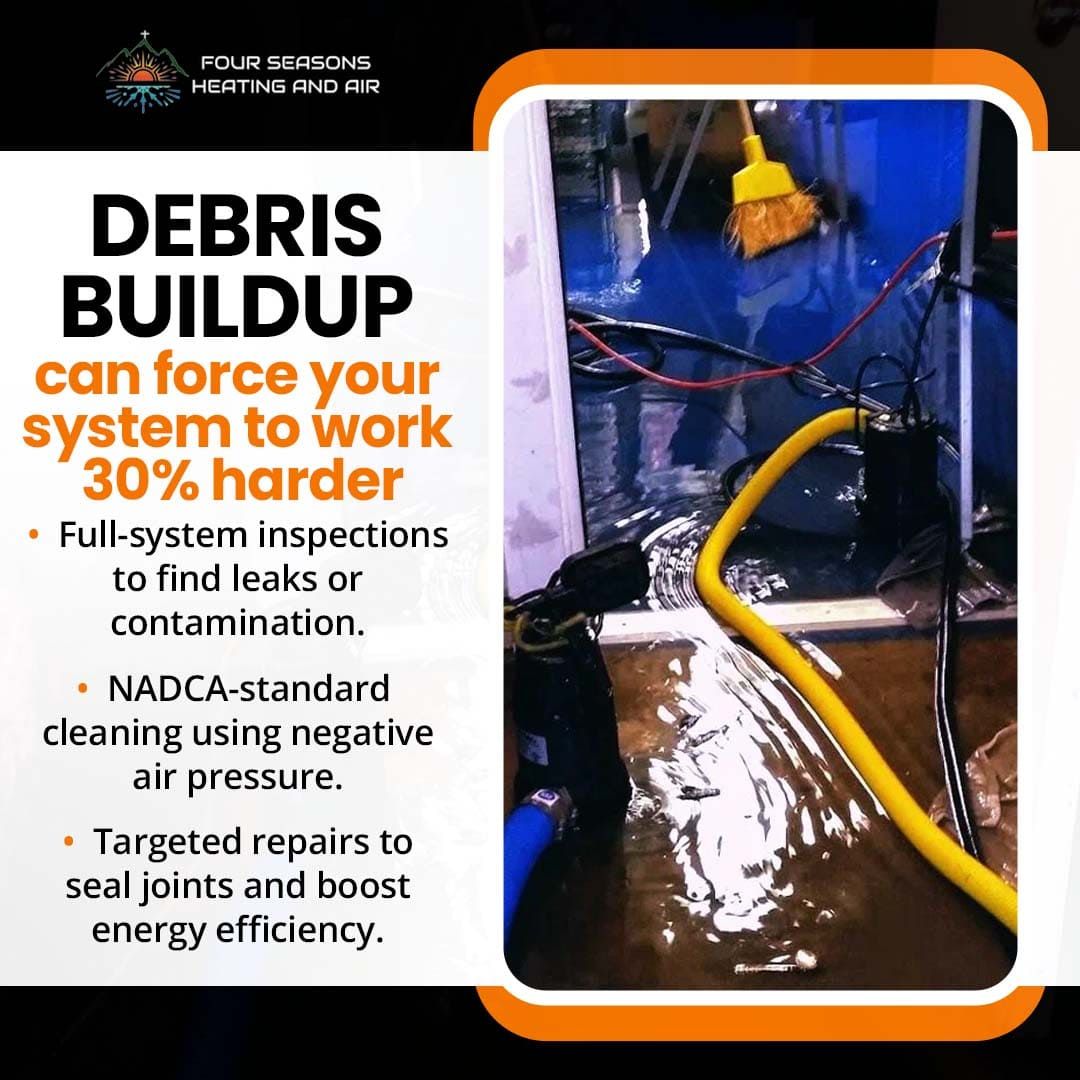 Debris buildup inside HVAC duct system causing water contamination and reduced efficiency