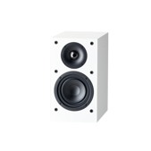 White bookshelf speaker with two black drivers on a plain background