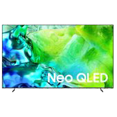 Samsung Neo QLED TV with vibrant green and blue abstract display on a stand