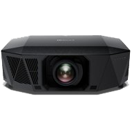 Black home theater projector with central lens on a white background