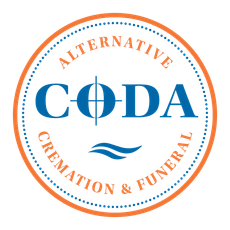 Logo for CODA Alternative Cremation & Funeral, featuring blue text in an orange circular border with a crosshair symbol.
