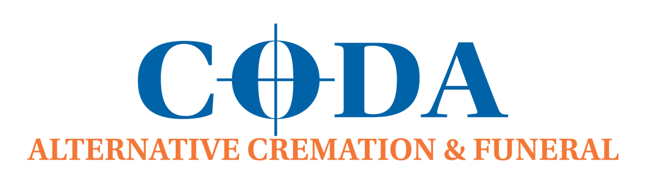 Blue logo reading "CODA" with a crosshair through the "O," above the text "ALTERNATIVE CREMATION & FUNERAL."