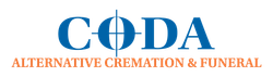 Blue logo reading "CODA" with a crosshair through the "O," above the text "ALTERNATIVE CREMATION & FUNERAL."