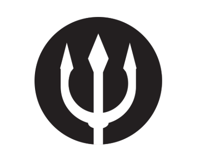 White trident inside a black circle.