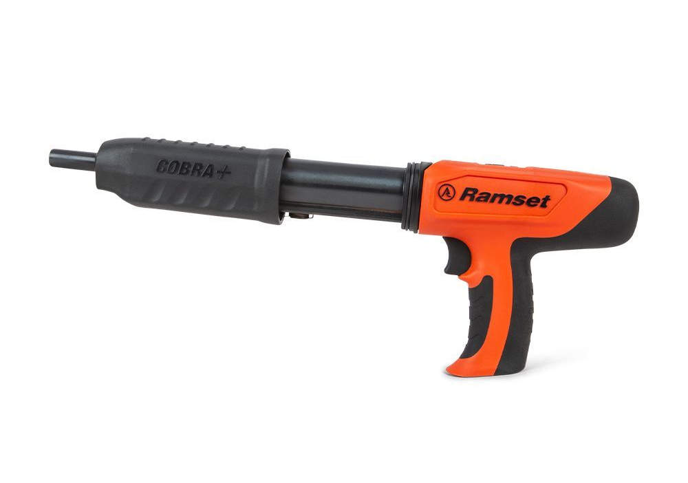 Orange Ramset tool kit with gun, case, safety glasses, and cleaning supplies.