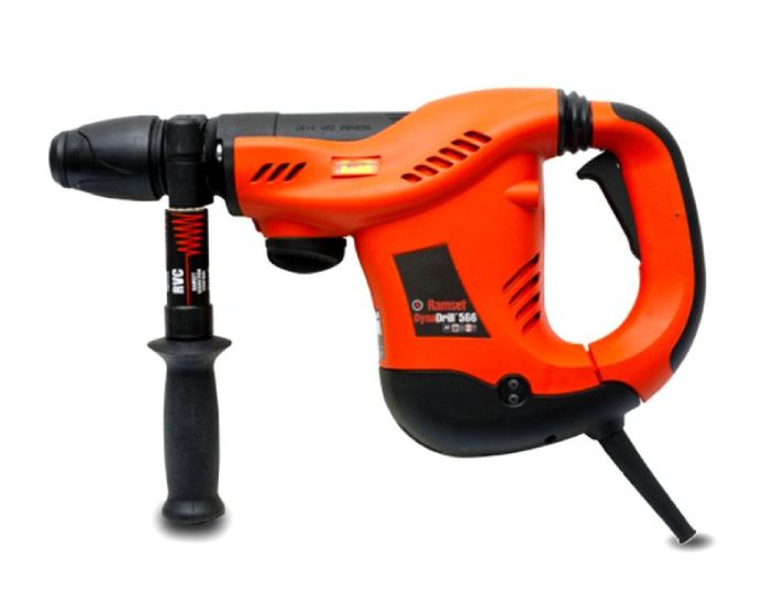 Orange and black rotary hammer drill with a black handle.