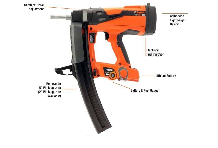 Orange and black cordless nail gun with labels: optical drive adjusted, compact and lightweight design, electronic fuel injection, lithium battery, and battery & fuel gauge.