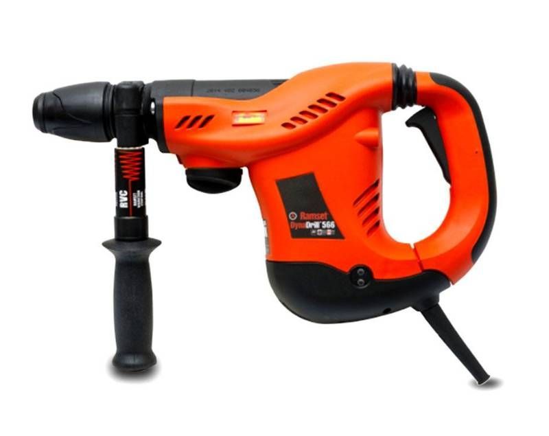 Orange and black electric rotary hammer drill.