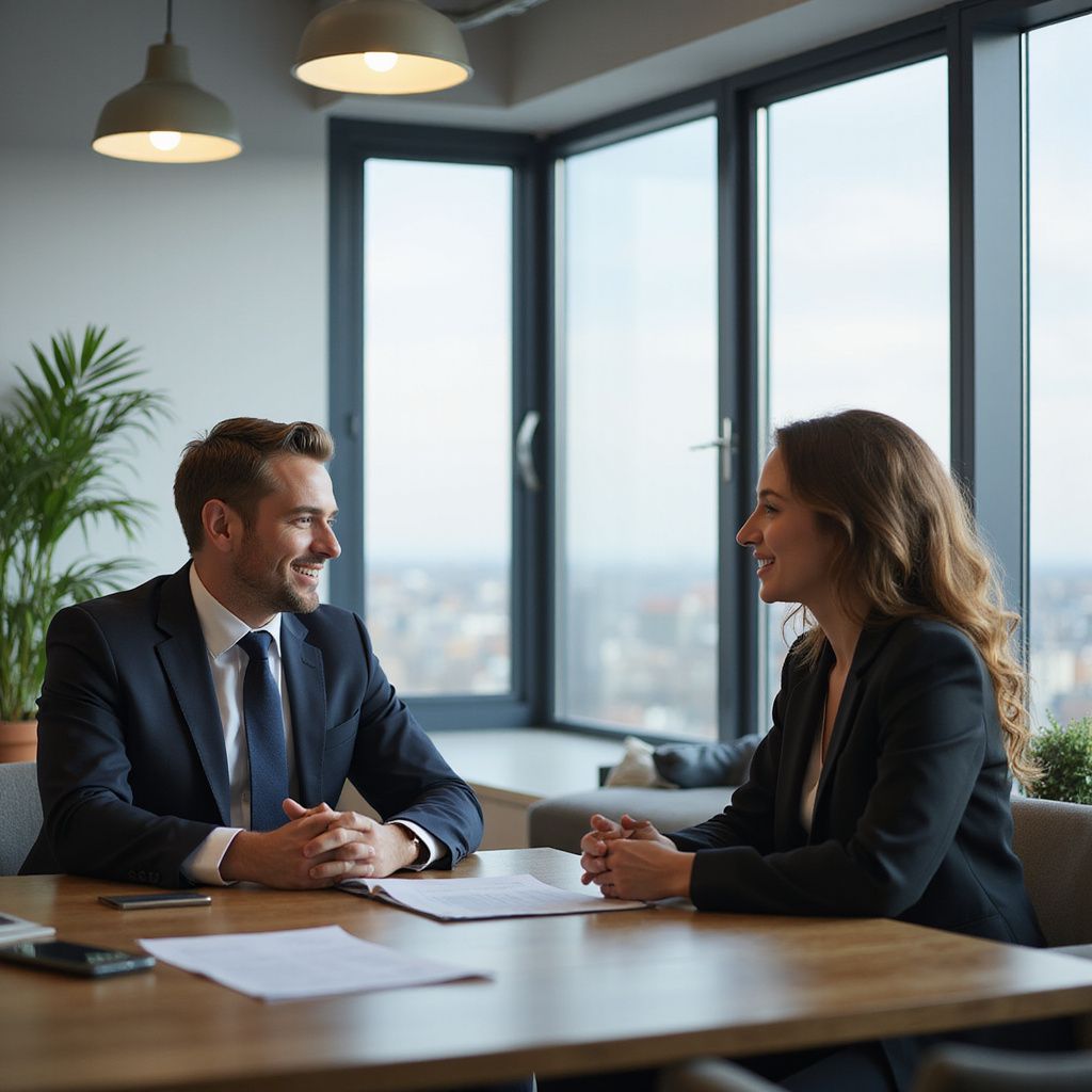 A man and a woman sitting in a business meeting