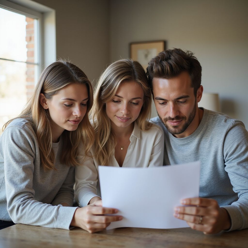 Two young women and a young man reviewing paperwork