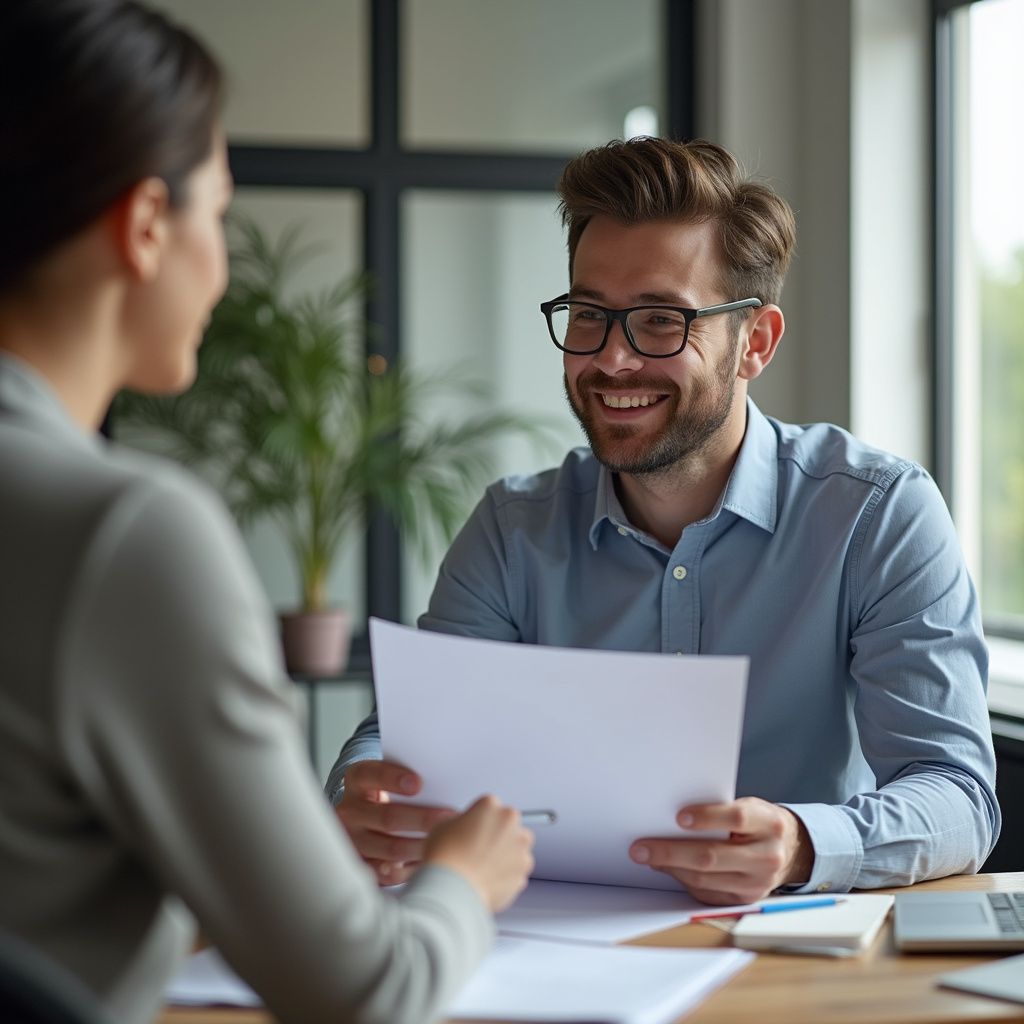 An image of a man smiling and meeting with a woman.