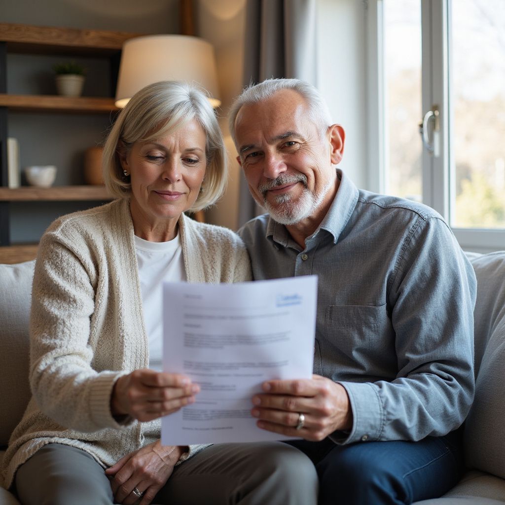 An image of an older couple reviewing some paperwork.