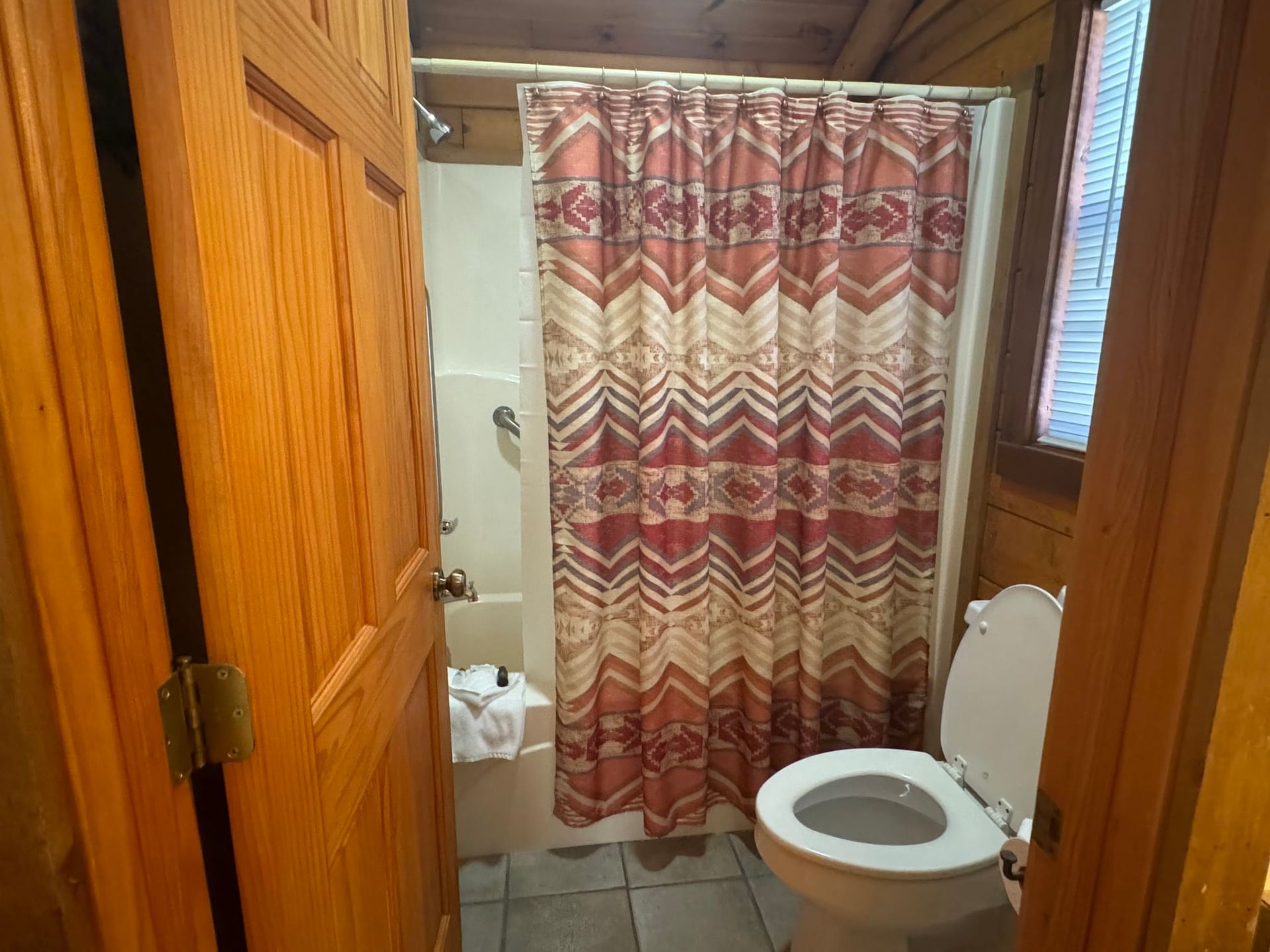 A bathroom with a toilet and a shower curtain