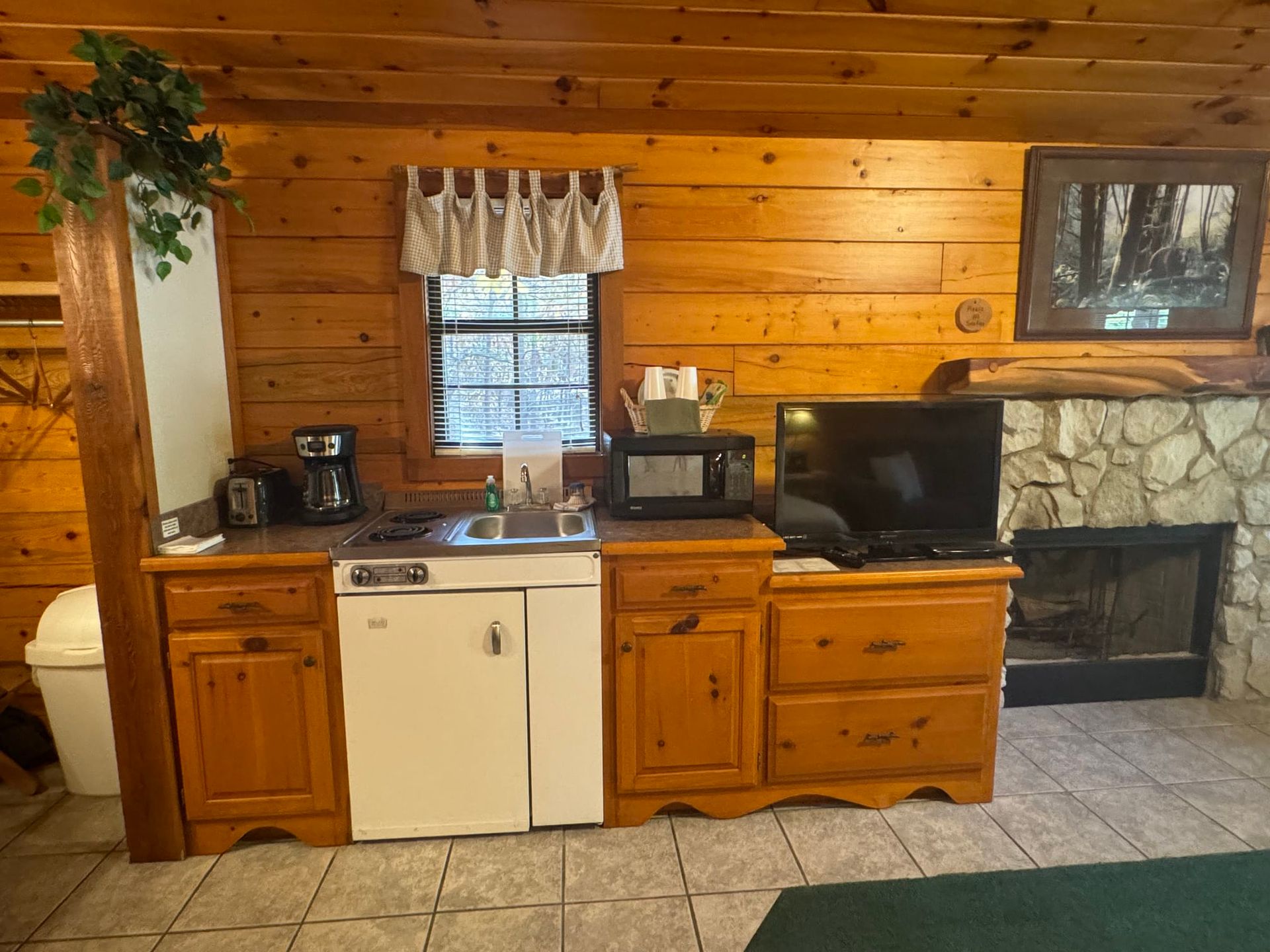 A kitchen in a log cabin with a sink , dishwasher , microwave and television