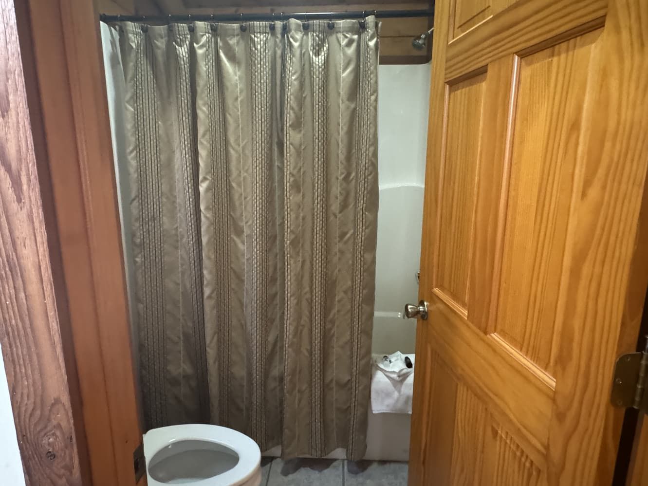 A bathroom with a toilet and a shower curtain