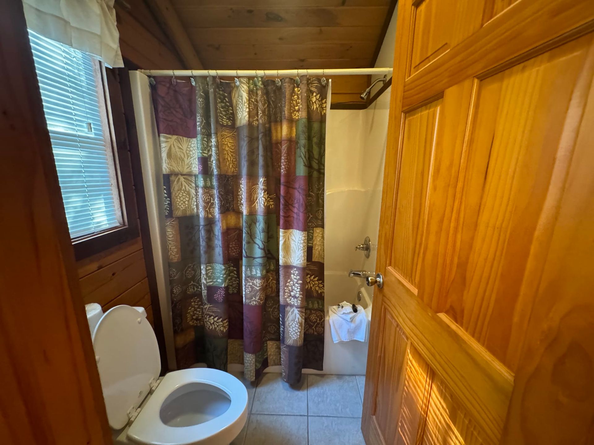 A bathroom with a toilet , shower curtain and window.