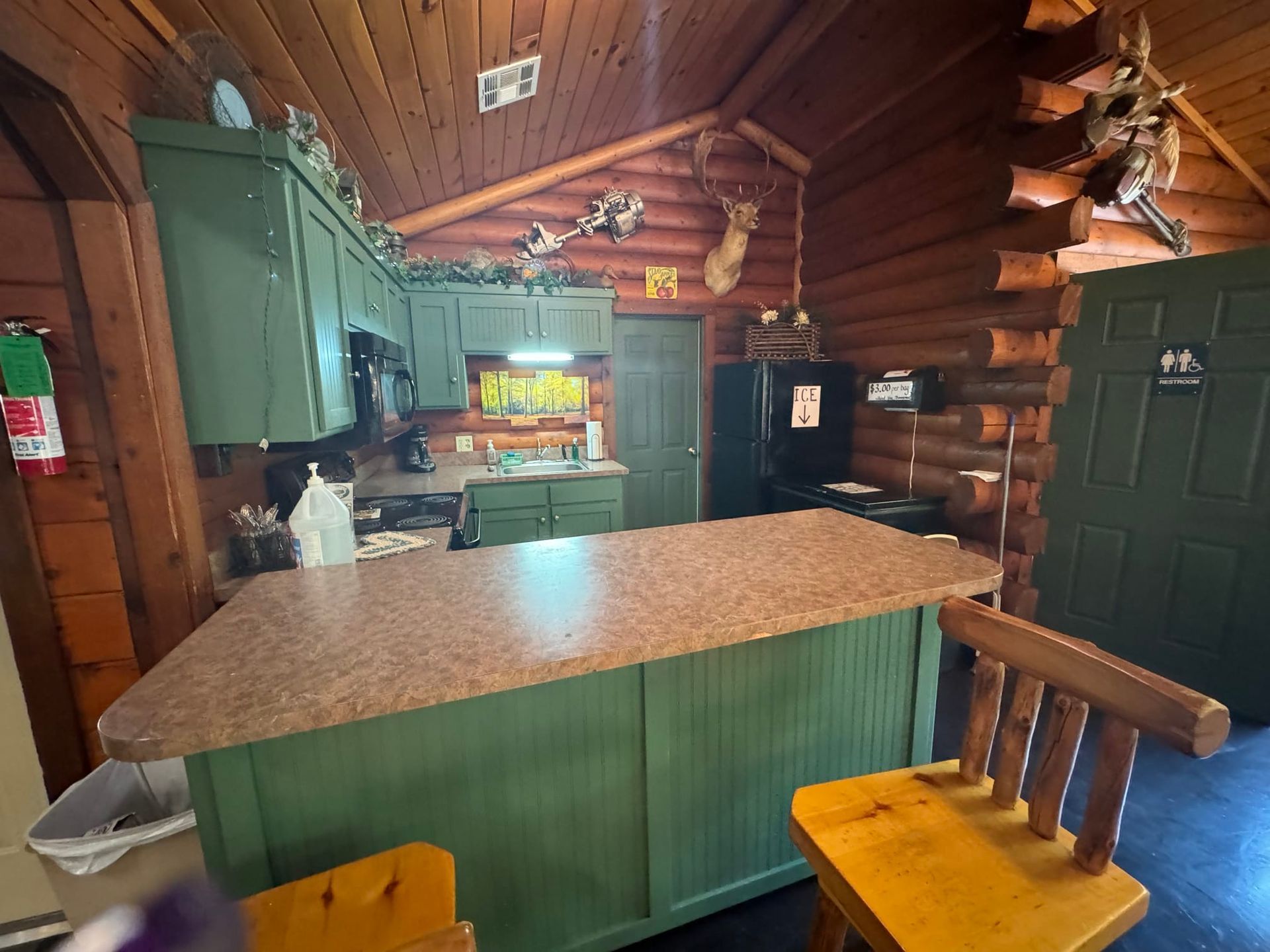 A kitchen in a log cabin with green cabinets and a granite counter top.