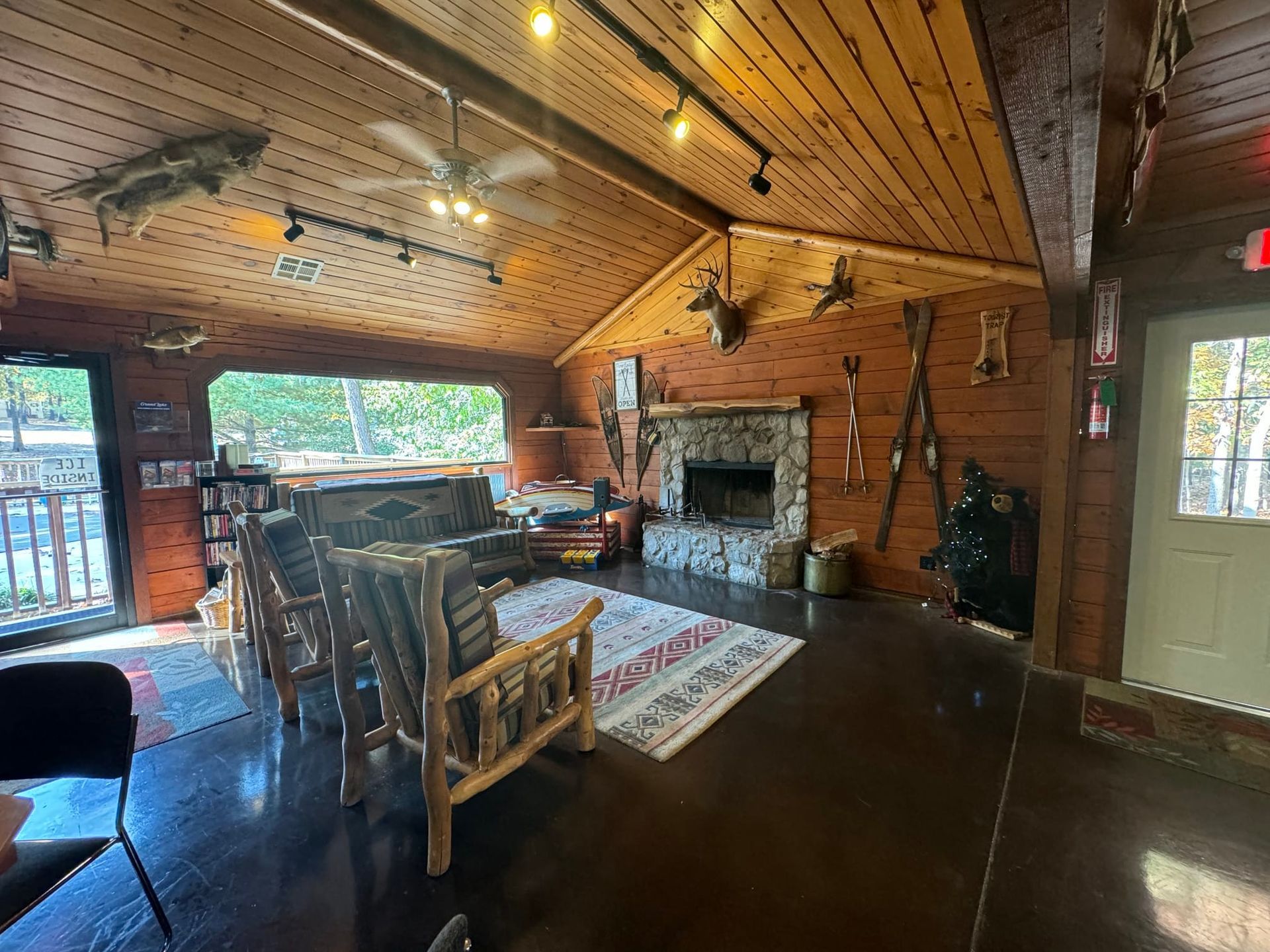 There is a fireplace in the middle of the room.