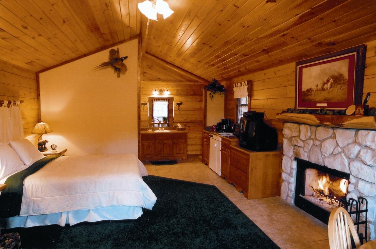 A bedroom with a fireplace and a large bed