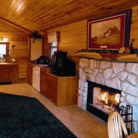 A living room with a fireplace and a picture on the wall