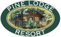 Pine lodge resort logo with a log cabin in the background