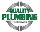 Quality Plumbing logo with green text on a gray pipe fitting, 