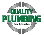 Quality Plumbing logo with green text on a gray pipe fitting,