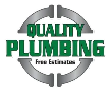 Quality Plumbing logo with green text on a gray pipe fitting, 