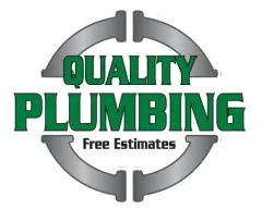 Quality Plumbing logo with green text on a gray pipe fitting, 
