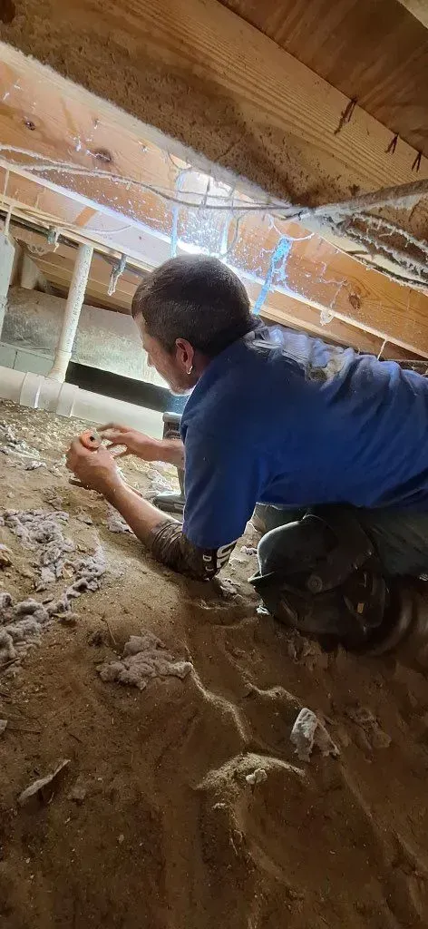 A person wearing blue shirt crawls in an attic; inspecting pipes, wiring, and insulation.