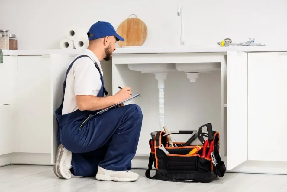 Plumber inspecting pipes under a kitchen sink, writing on a clipboard, tools nearby.