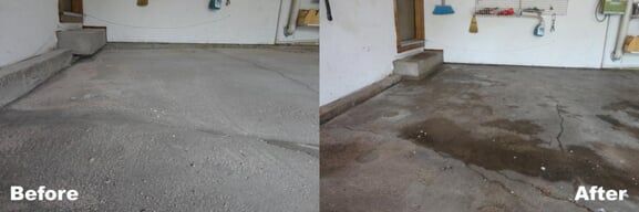 A before and after picture of a garage floor