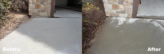A before and after photo of a concrete driveway.