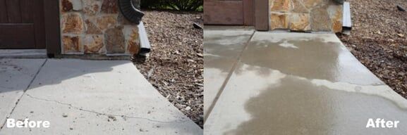 A before and after photo of a concrete walkway.