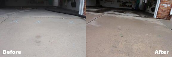 A before and after picture of a garage floor.