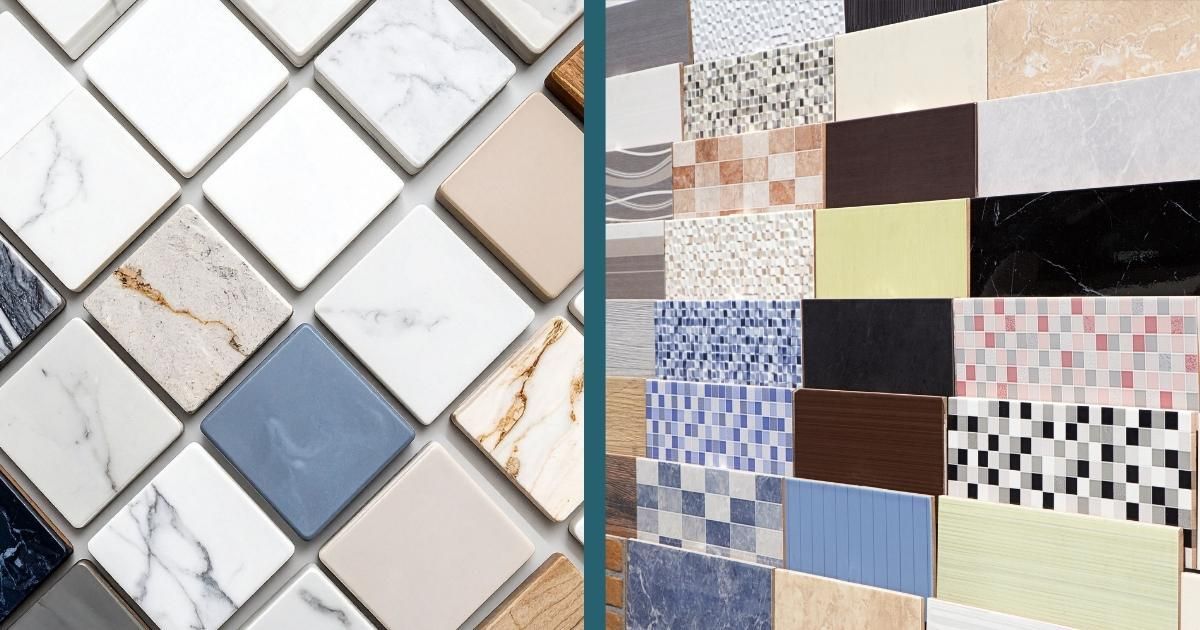 Two tiled surfaces: one diamond-patterned with various colored squares, the other with a variety of rectangular tiles.