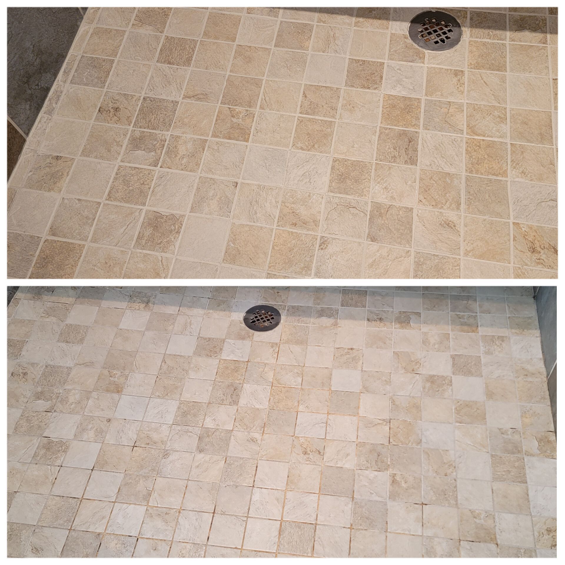 Top and bottom views of a tiled shower floor with a drain; the bottom image is much lighter, cleaned.