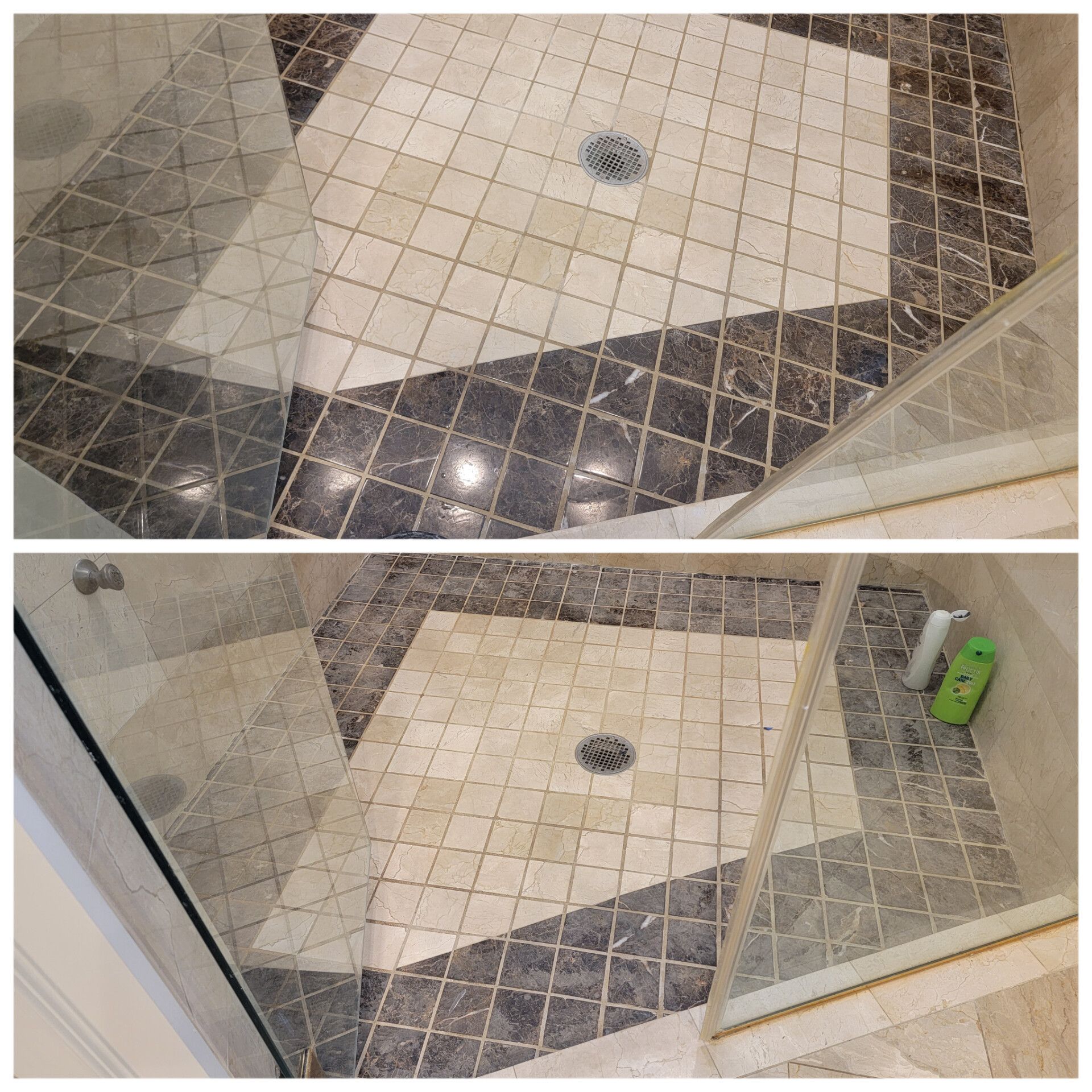 Two views of a shower floor: top is darker, bottom shows shampoo/soap. Multi-colored tile with drain.