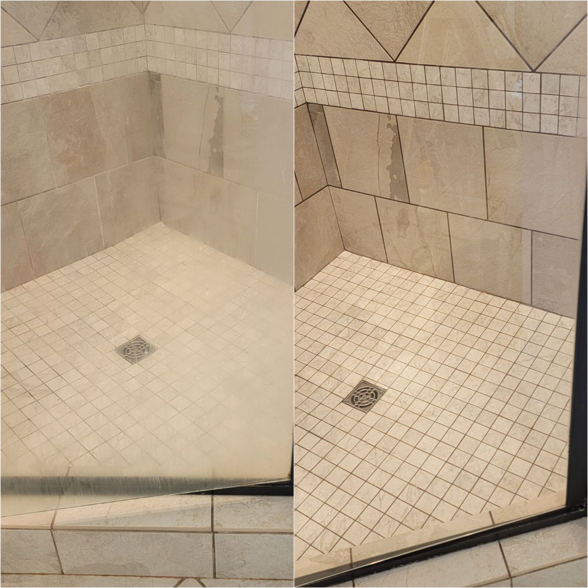 Before and after view of a corner shower; the grout and tile have been cleaned.