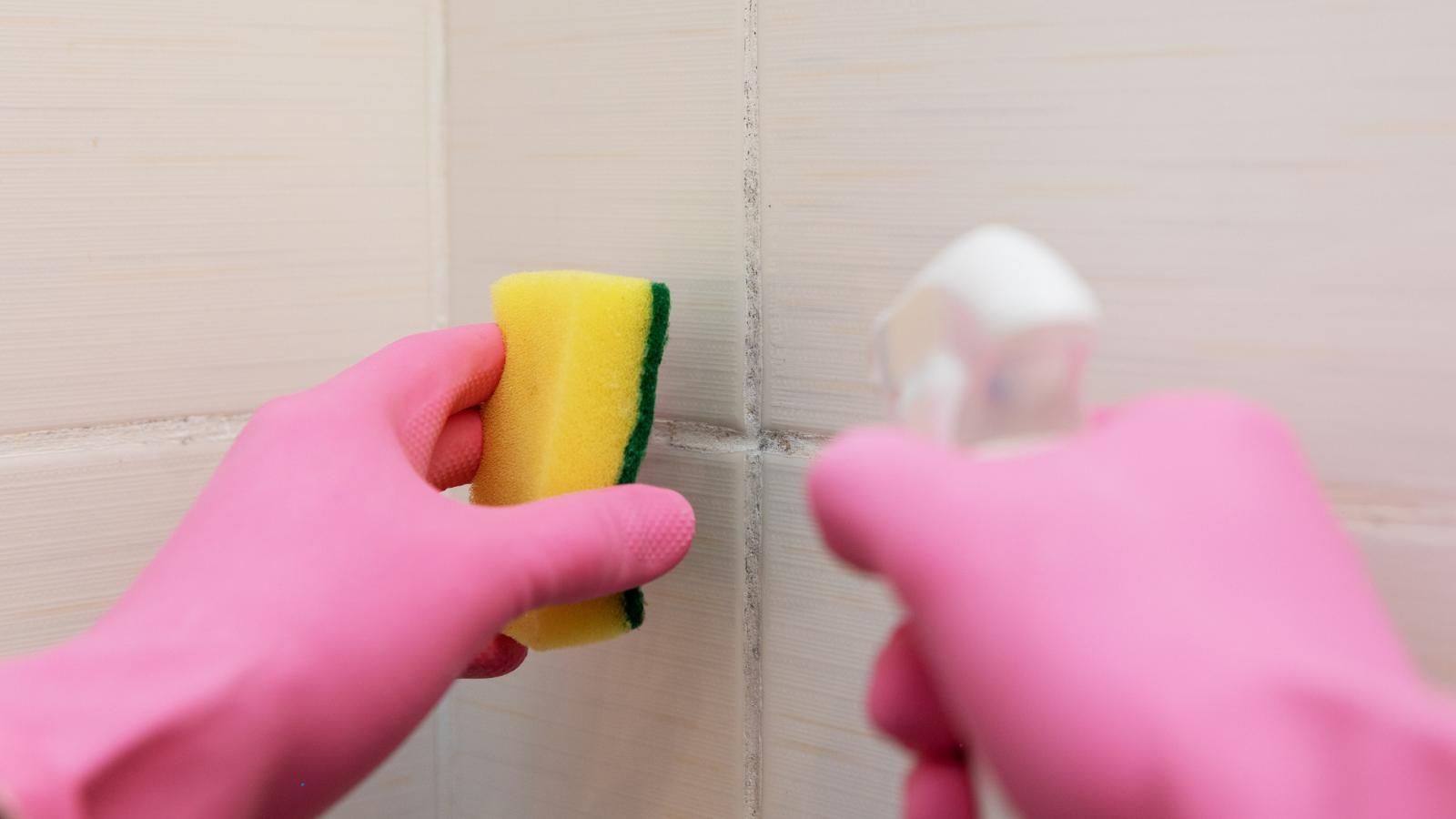 A person wearing pink gloves is cleaning a wall with a sponge and spray.