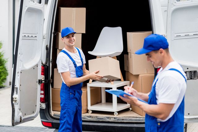 Two men are standing next to a van filled with boxes.